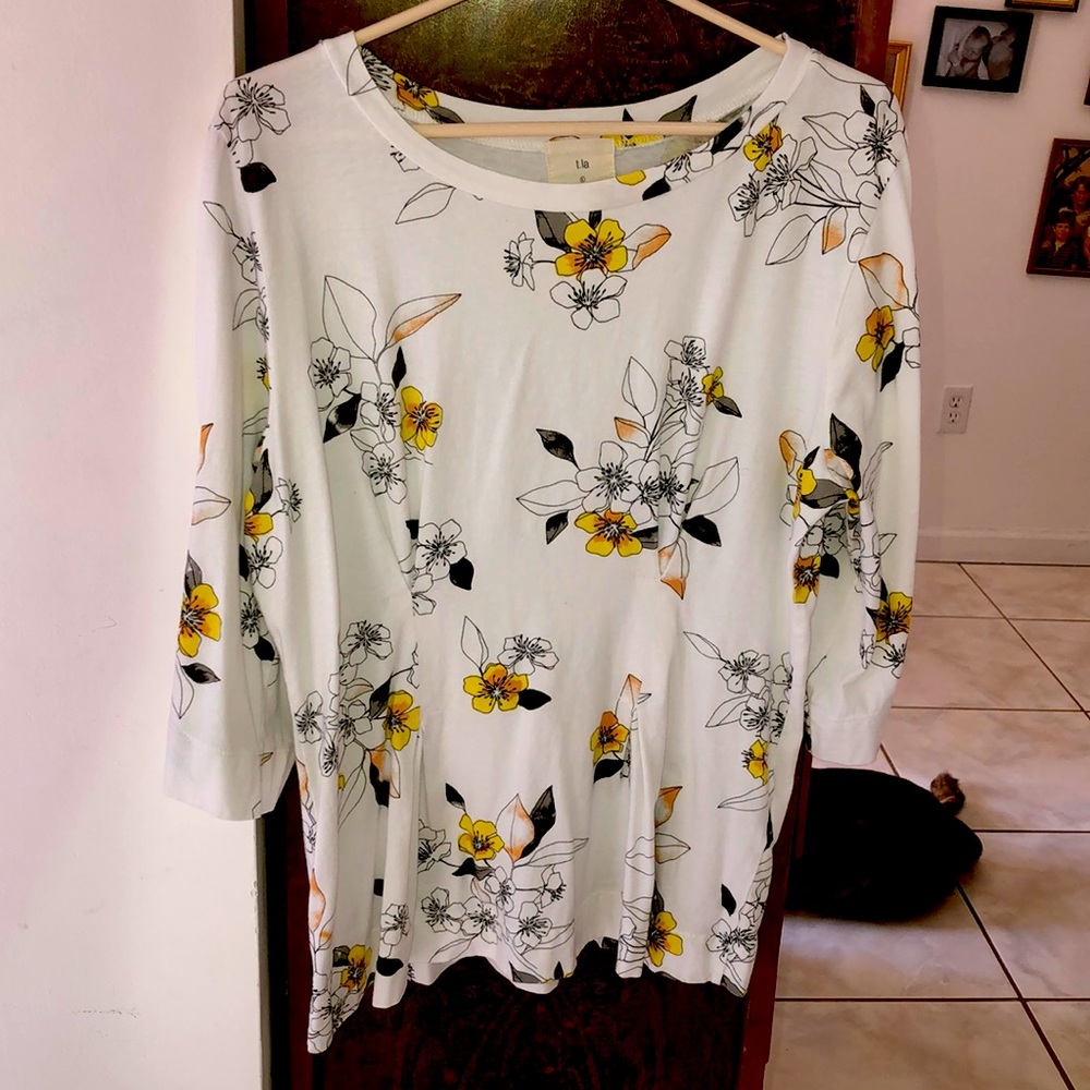 Anthropologie t.la pleated cinch waist  peplum shirt cotton jersey L floral